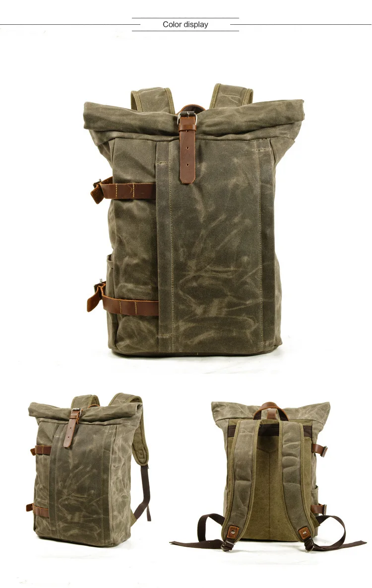 COLOR DISPLAY ARMY GREEN of Woosir Roll Top Backpack Waxed Canvas