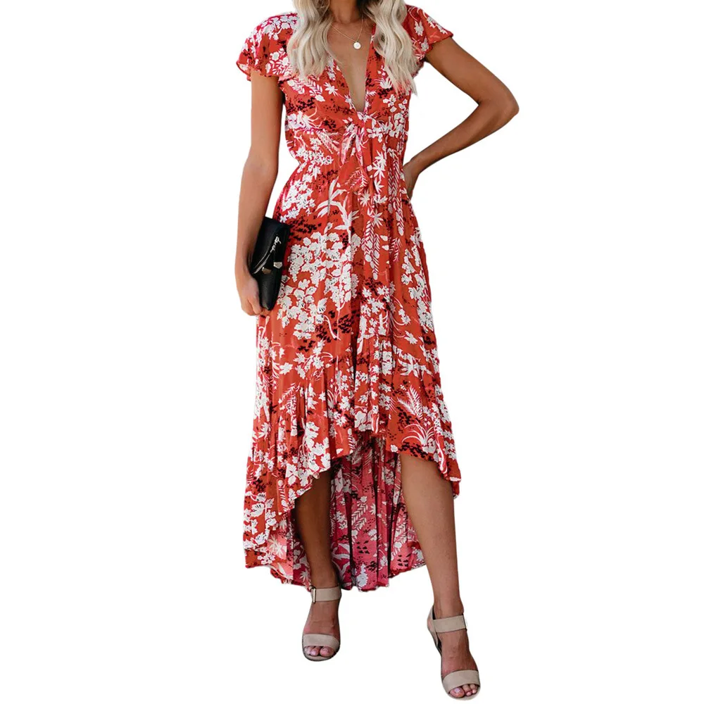 

Europe And America Sexy Deep V Bow Knitted Long Skirts Women's Short Flounced Sleeves Irregular Dress Women's 611506