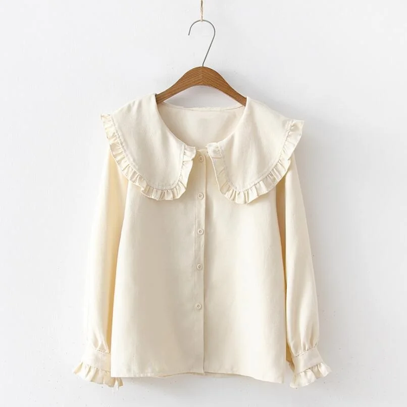 2020 Korean Spring Autumn Long Sleeve Ruffles Peter Pan Collar Women Blouse Shirts Tops Female School Uniform Girls White Shirt 2