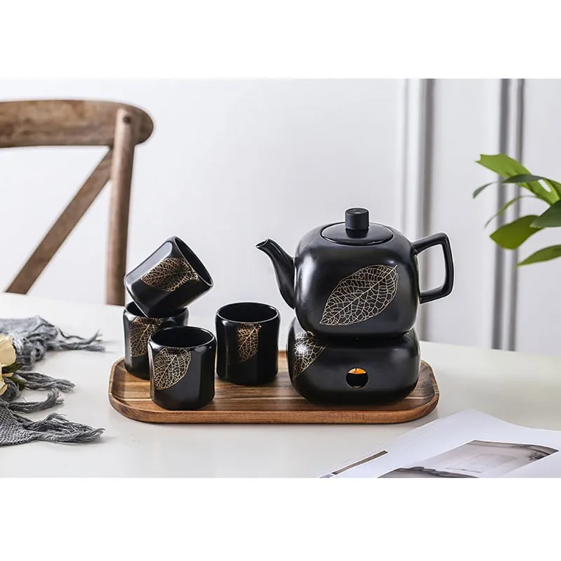 

Tea Service Set Ceramic Teapot Tea Pot Holder Base Four Tea Cups With Wooden Tray For Home And Office