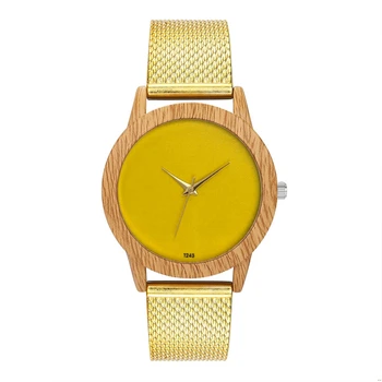

Casual Ladies Quartz Watch Golden Silicone Strap Simple Yellow Solid Color Pattern Imitation Wood Alloy Dial Women Watches Gift