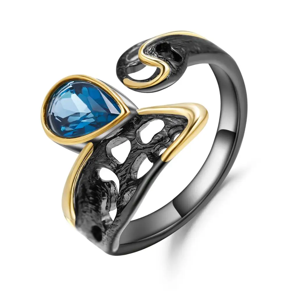 GEM'S балетные 925 пробы, серебряные, оригинальные, ручной работы, открытые, регулируемые кольца, натуральный Лондон, голубой топаз, капля воды, кольцо для женщин
