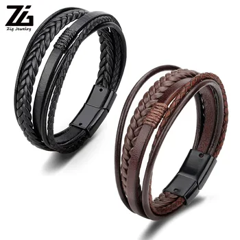 

Men's Leather Bracelet Magnetic Buckle Cowhide Multilayer Wrap Fashion Jewelry bangle Armband bracelet for men