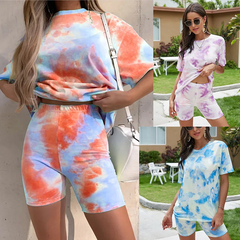 Женский спортивный костюм из двух предметов футболка с принтом Tie Dye повседневные