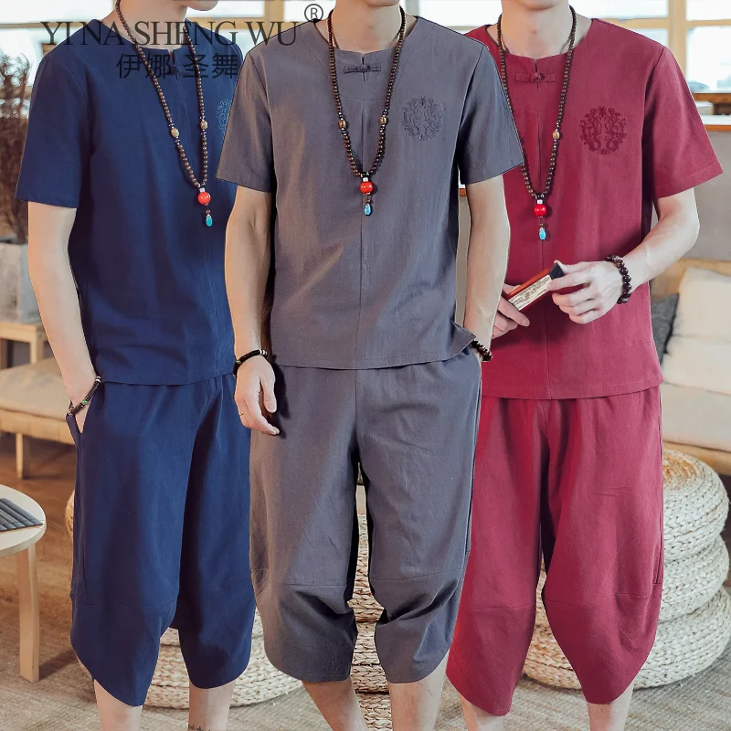 

Japanese Style Clothing Set Samurai Men T-shirt Trousers Linen Breathable Kimono Suit Tops Cropped Pants Outfit Asian Clothes
