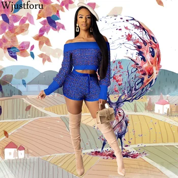 

Wjustforu Bright Ribbons Sexy Sweater Two Piece Set Female Off Shoulder Pullover Sweater + Skinny Short Casual 2 Piece Set Slim