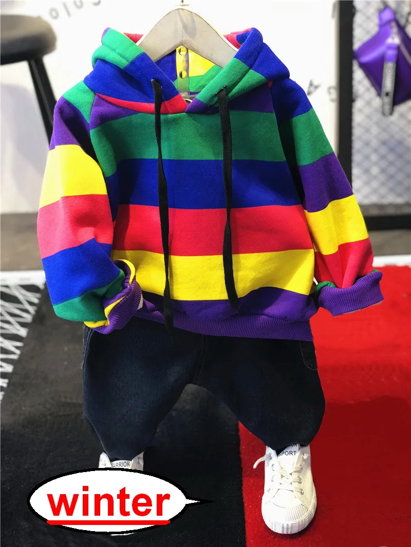 

2PCS Suit Baby Boy Clothes Children Winter Toddler Boys Clothing Set Rainbow Kids Thickened Hoodie, Thickened Jeans 2-6year