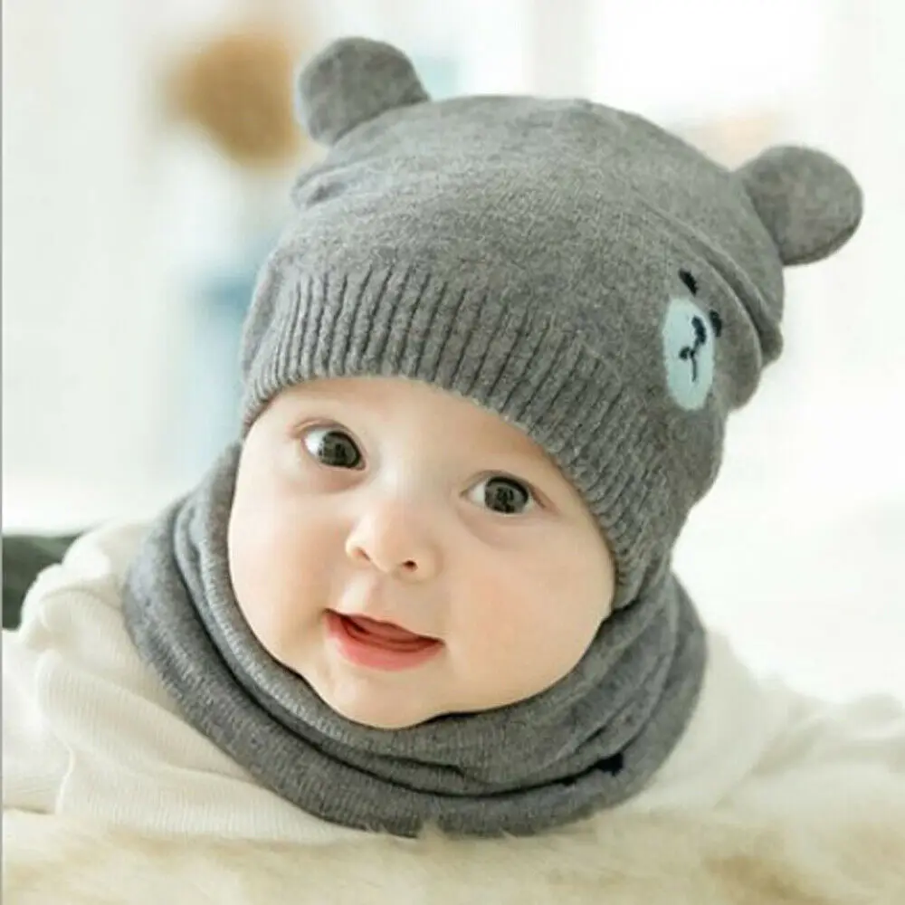 Серый Cute Baby Girls Boys Warm Winter Knit Wool Beanie Hat Neck Scarf Ski Cap Lovely Cartoon Print Beanies Sets - Цвет: Серый