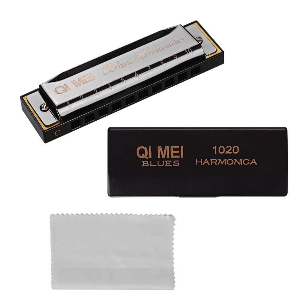 QI MEI 1020 Губная гармошка для блюза Ключ C 10 отверстий 20 мелодий диатоническая арфа мундора с чистящей тканью и ящиком для хранения золота