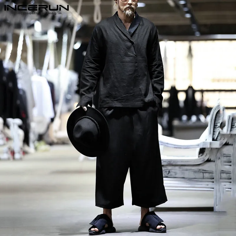 INCERUN Men Sets Plain Streetwear Lapel Long Sleeve Casual Shirts Pockets Vintage Drawstring Pants Chic Brand Men Suits 2 Pieces INCERUN Men Sets Plain Streetwear Lapel Long Sleeve Casual Shirts Pockets Vintage Drawstring Pants Chic Brand Men Suits 2 Pieces