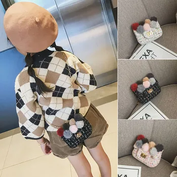 

Korean Style Baby Girls Pompom Hairball Metal Chain Purse Children Kids Cross-Body Princess Cute Messenger Bags Gifts