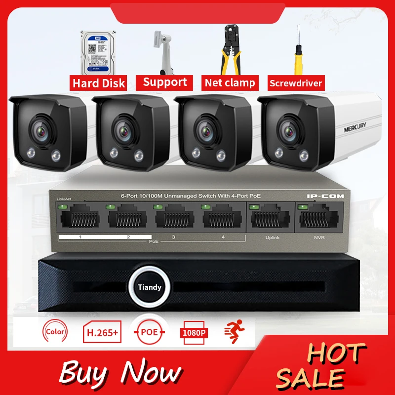 GLVISION 4CH H.265 2MP полный Цвет видеонаблюдения Системы poe swich на открытом воздухе P2P