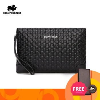 

BISON DENIM Genuine Leather Mens Wallet Letter Pattern Male Clutch Wallet Brand iPad Bag Cowskin Large Capacity Male Purse N8187