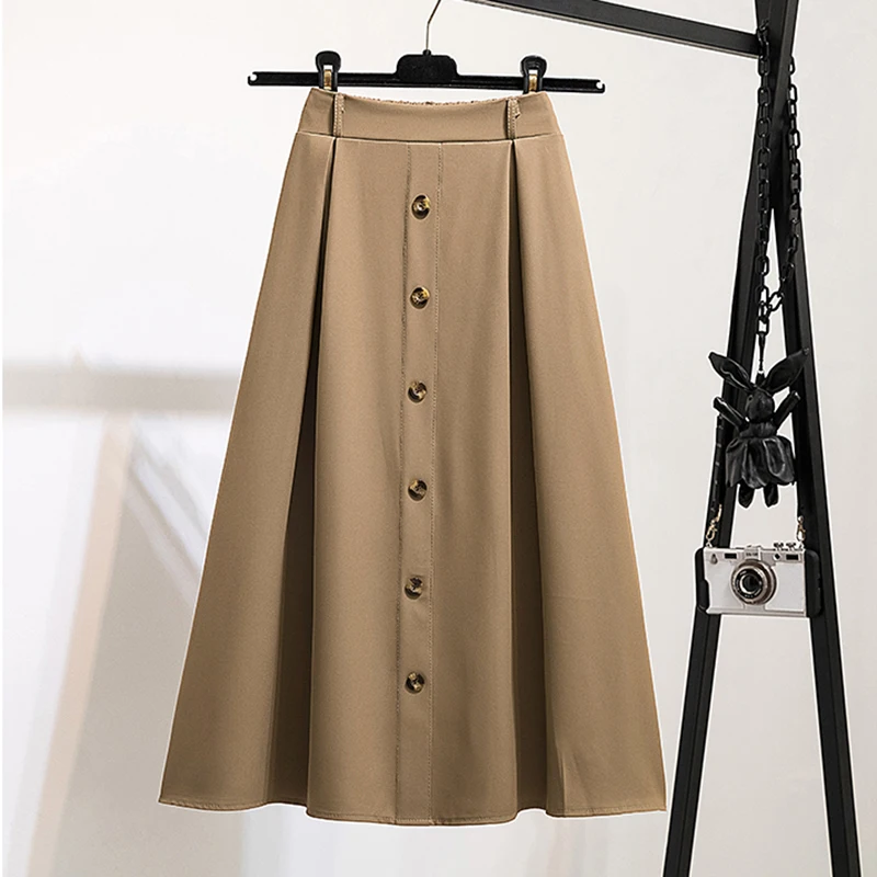 

Summer Womens Skirt A-Line Elegent Elastic Wiast Single Breasted Loose Midi Skirt Black Plus Size Skirt Femme