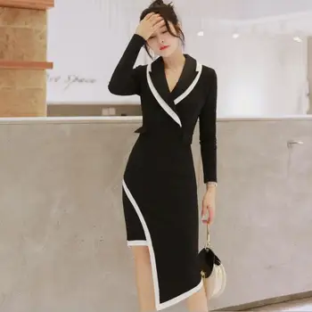 

2019 Autumn OL Blazer Dress Black Hit Color Irregular Bodycon Dress Office Lady Workwear Slim Dress Vestidos