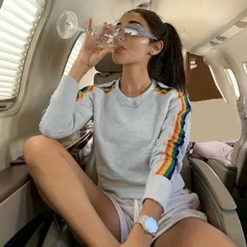 

Women New Casual T-shirts Lady .Long Sleve Side Striped Loose Tees Pullovers O neck Daily tshirt Clothes Tops Femme Autumn