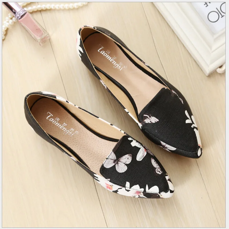 Fashion printing pointed toe loafers women flat heel shoes casual shoe woman Plus size 33-43
