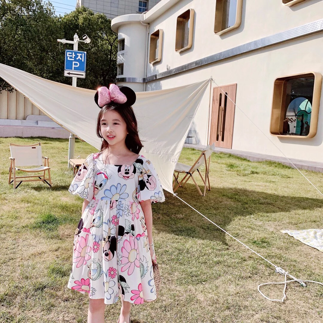 Summer Baby Girl Casual Dress Kids Toddler Mickey Mouse Daisy Cartoon Puff Sleeve Clothes Girls Backless Cute Princess Dresses
