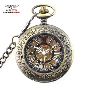 

Bronze Hollow Skeleton Mechanical Pocket Watch Mens Clock FOB Waist Chain Luminous Roman Dial Hand Wind Mechanical Watches