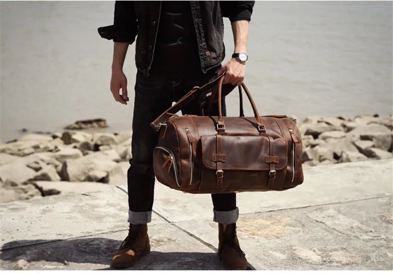 Mens Leather Weekender Bag with Shoe Compartment - Woosir