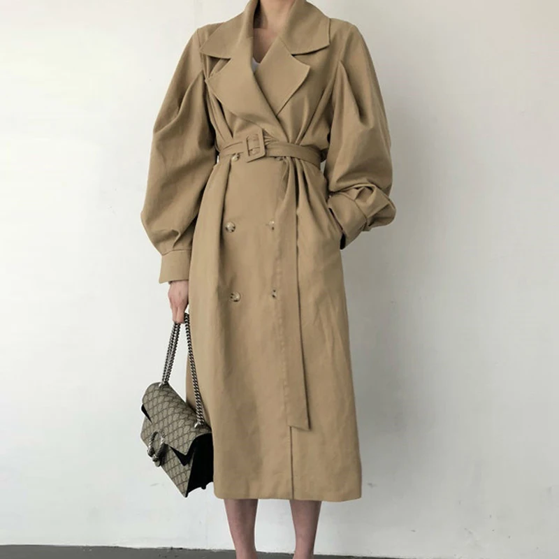 

New 2019 Autumn Windbreaker Women double-breasted Loose A-line Trench Coat Elegant Chic Sashes Outerwear Bussiness Long Trench