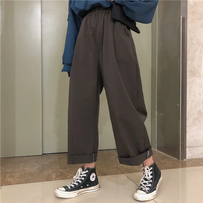Осенние новые корейские ins Harajuku винтажные BF Свободные прямые брюки Женская мода Высокая талия Уличная Повседневная Женская широкая нога брюки