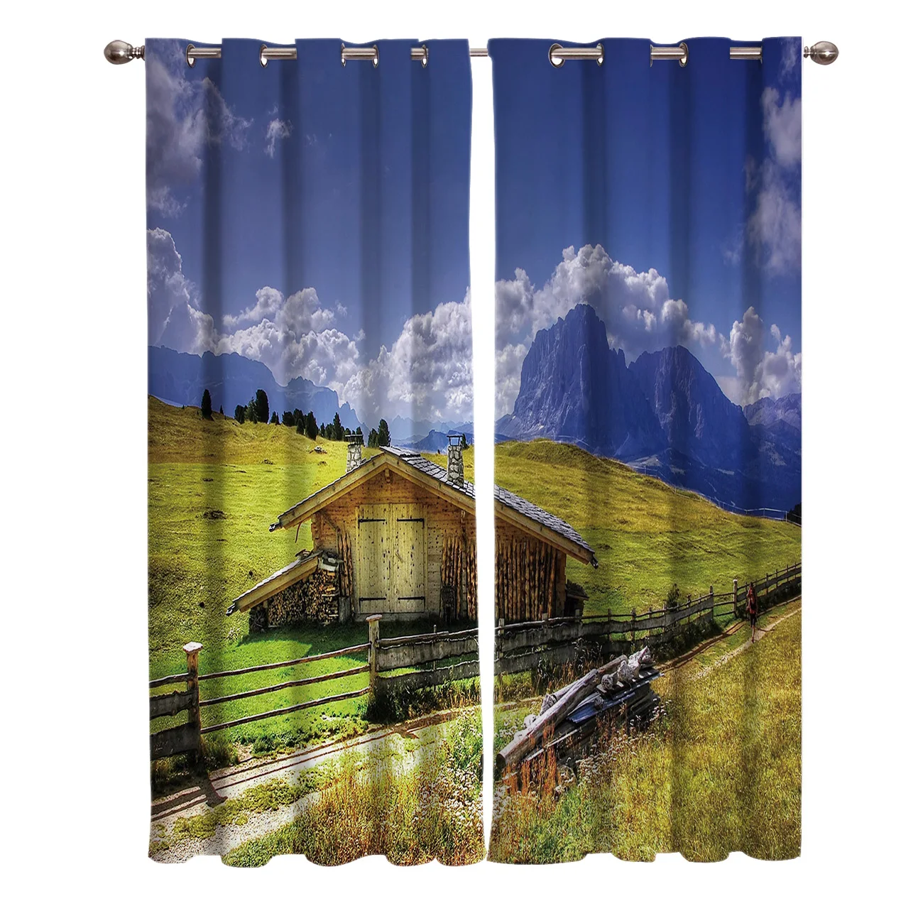 Grassland Cabin Pedestrian Mountains Sky Clouds Window Curtains Scenic for Living Room Decorative Items | Дом и сад