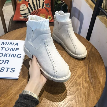 

Womens Winter White Boots Korean New High Quality Artificial Plush Furry Boot PU Uppers Waterproof Rubber Non-slip Sole Slip-On