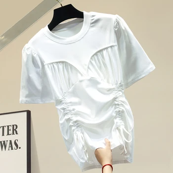 

Loose Drawstring Waist Repair Cotton Black White Net Red T-shirt Female Ins Super Fire 2020 Summer New Korean Version Loose Tops