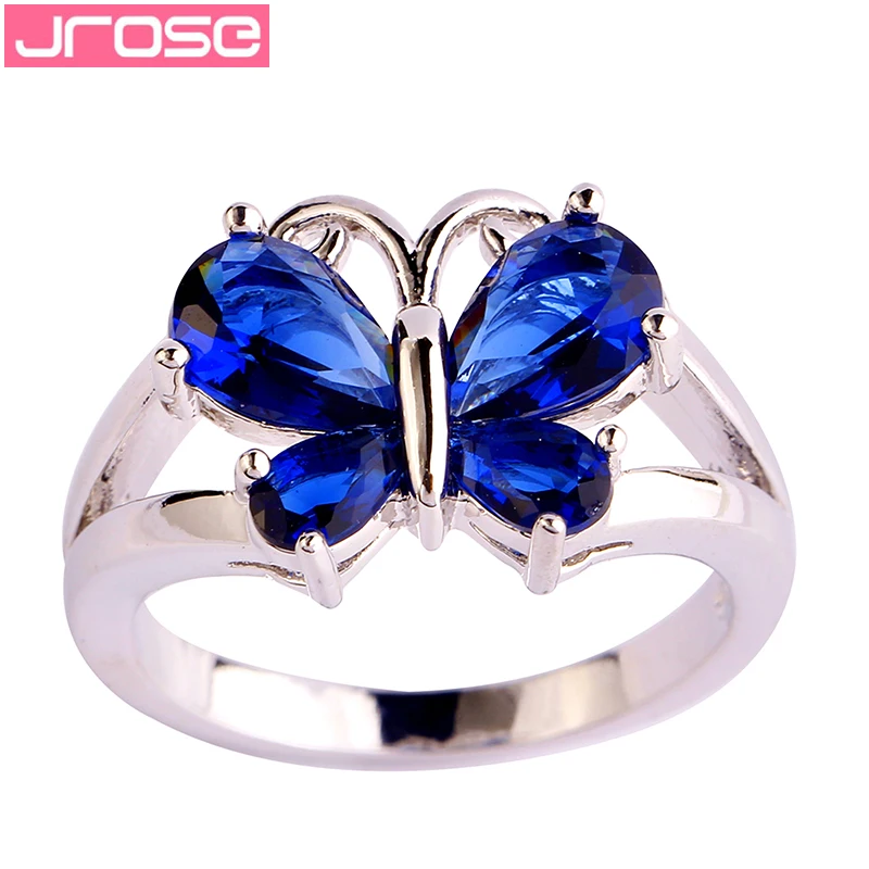 JROSE Блестящая бабочка модное синее Серебряное кольцо Размер 6 7 8 9 10 11 оптовая