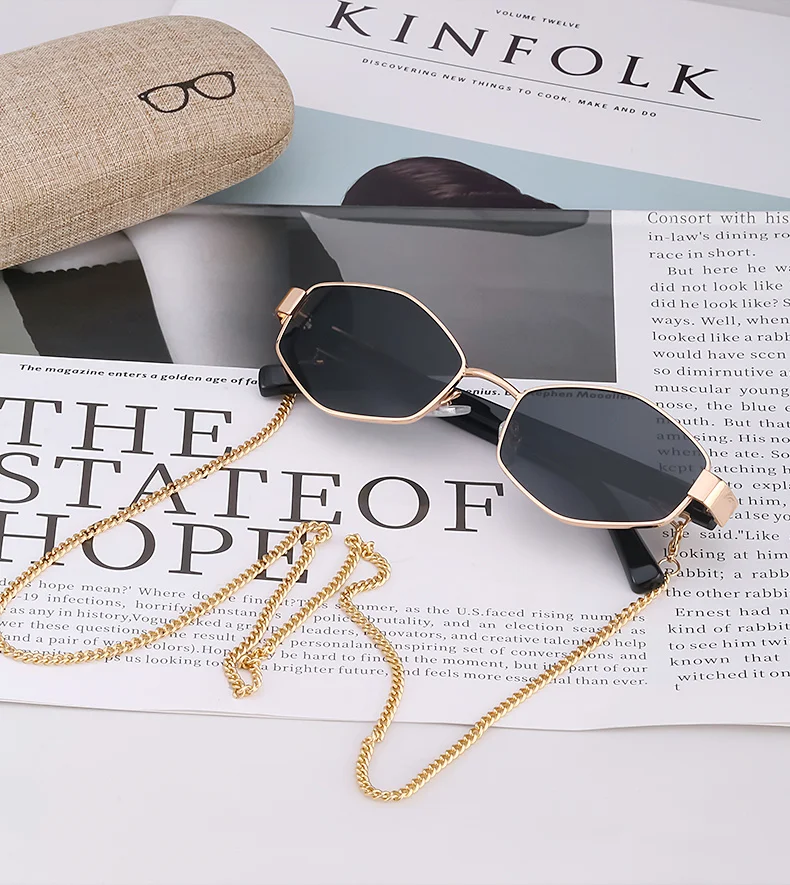 large sunglasses 2021 Trendy Vintage Hexagon With Chain Necklace Sunglasses Small Frame Sun Glasses Luxury Brand Designer Eyewear UV400 Lunettes rectangle sunglasses