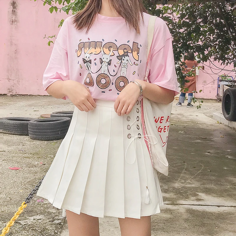 

Japanese Summer New Women's Bowknot Tassel Tied Skirt High waist Kawaii Young Girl Student Mori Girl Preppy Style Pleated Skirt
