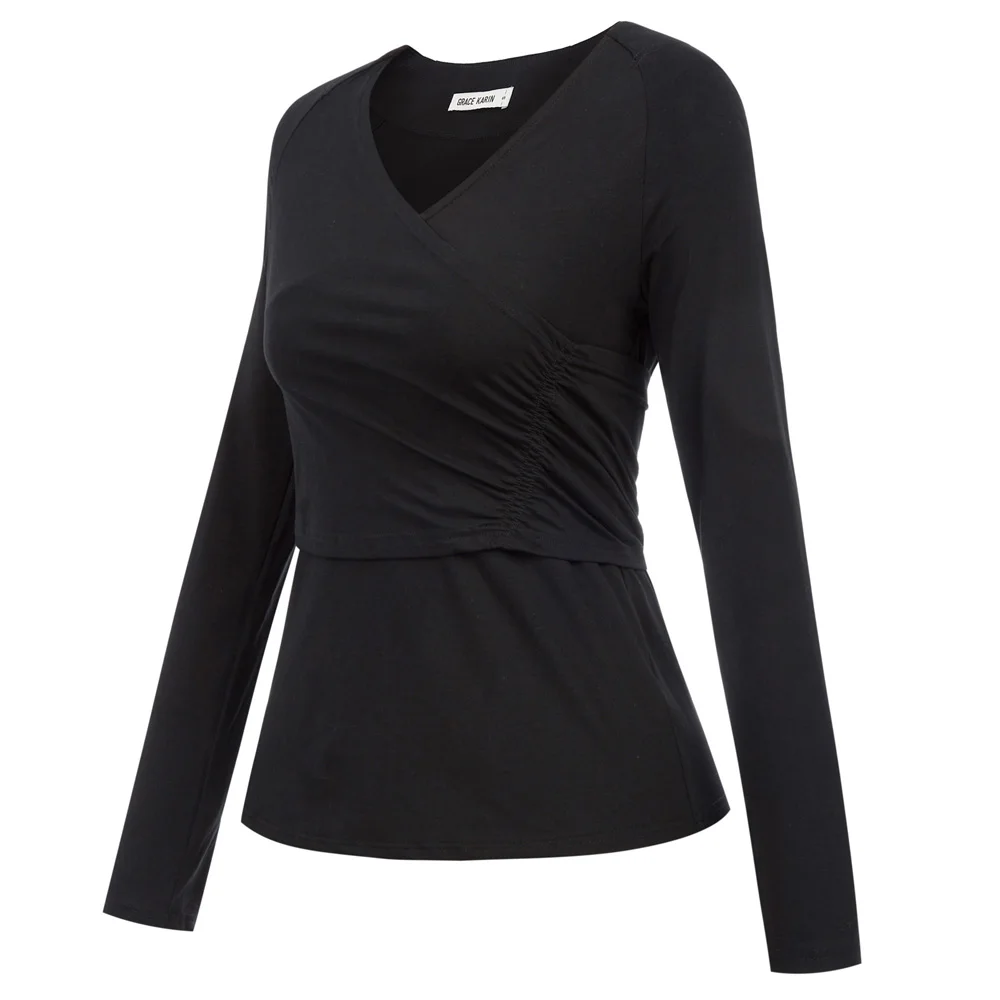 Женская плиссированная рубашка slim fit Женские топы с длинным рукавом Surplice v-образным вырезом хлопковые осенние женские топы