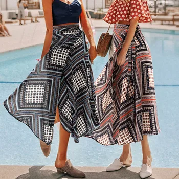 

2020 Personality Style Women Fashion Geometric Print Skirts High Split Ruffles Midi Skirt Plus Size Beach Skirt Gonne Donna#G30