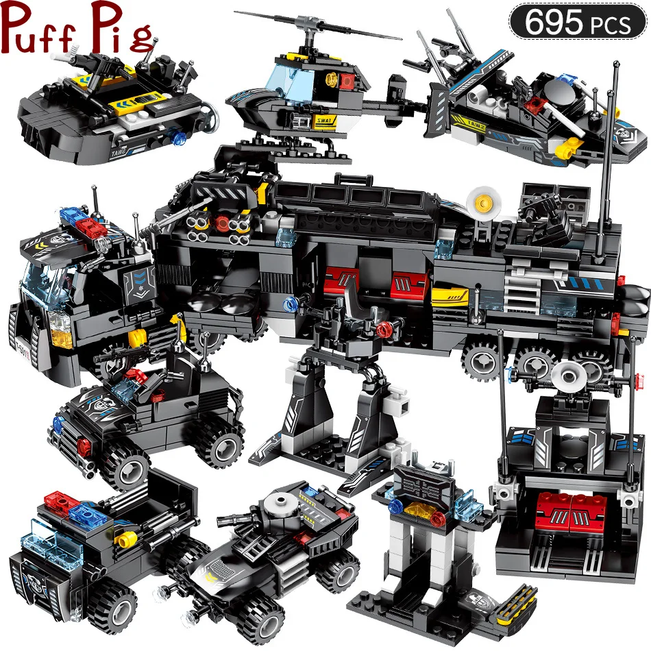 

8pcs/lot 695Pcs City Police SWAT Building Blocks Compatible LegoINGlys City Blocks Technic Bricks trucks Toys for Children