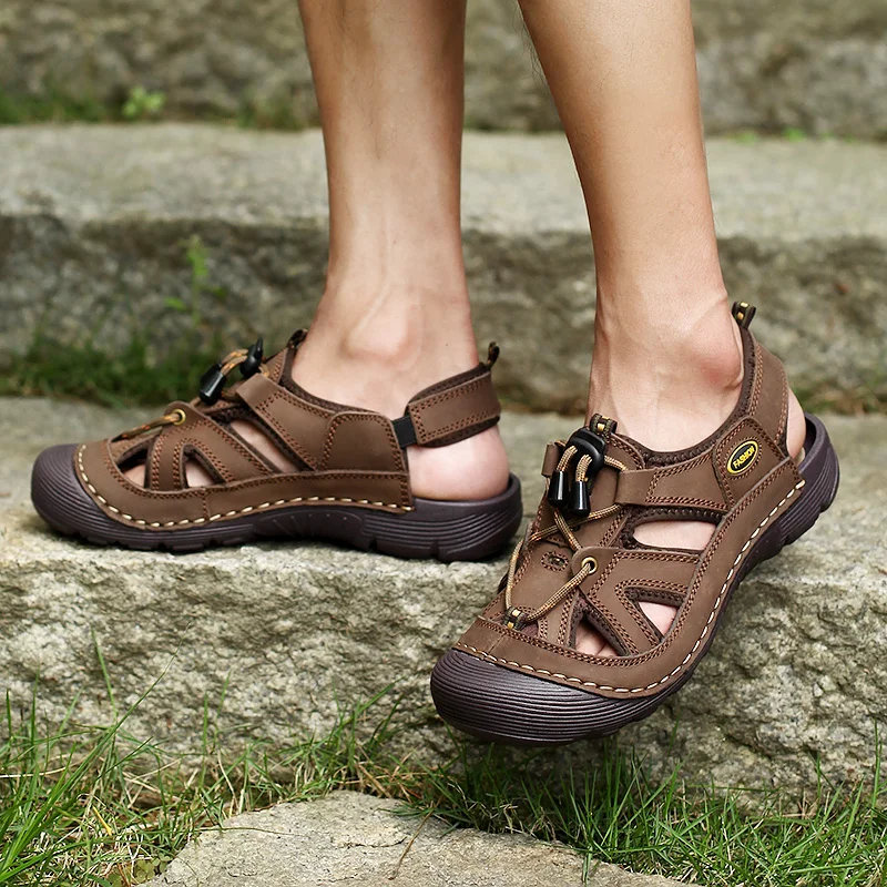 

Summer Outdoor Sandals Men Outdoor Real Leather Mesh Beach Breathable Mens Shoes Luxury Brand Water Man Shoes Big Size 38-45