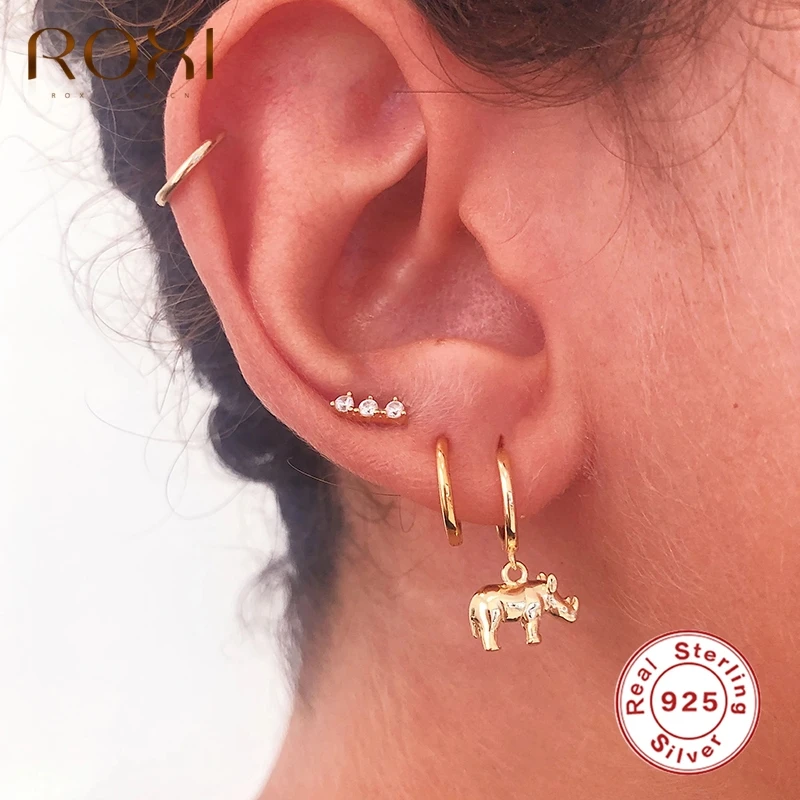 

ROXI Cute Rare Animal Rhinoceros Hoop Earrings for Women Men Birthday Team Gift 925 Sterling Silver Earring Jewelry Pendientes