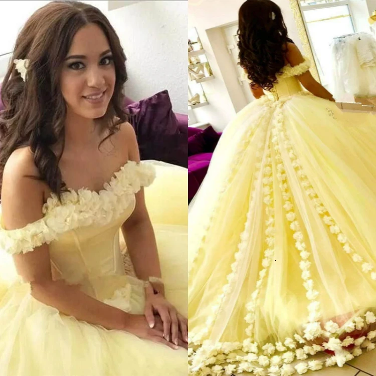 Элегантное желтое платье Quinceanera с открытыми плечами бальные платья 3D цветочной