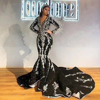 

Party Dresses Luxury Beaded Mermaid Prom Gowns Full Sleeves Feathers Evening Gowns Floor Length V Collar Vestidos Longo