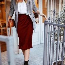 Шелк женщин зеленый/бордовый сплошной цвет миди русалка юбка