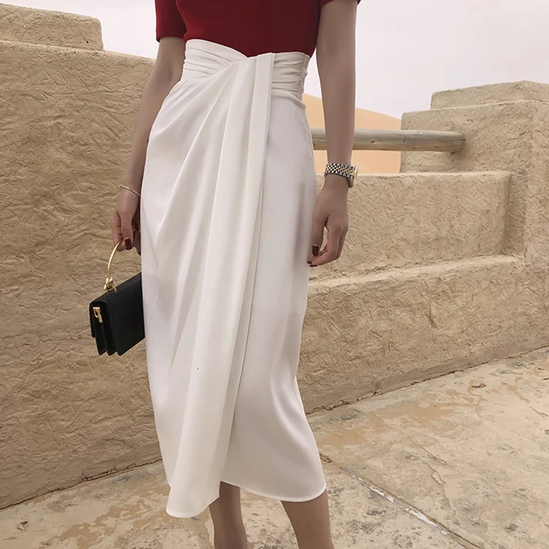 Сексуальная Асимметричная юбка миди с высокой талией, женская элегантная ретро юбка с разрезом, сложенный дизайн, уличная одежда, юбки, одежда, новинка - Цвет: white