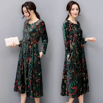 

Spring and Autumn New Vintage Print a Line Dress Temperament Loose Long Sleeved Flower Dress Women Fall Clothing