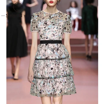 

SEQINYY Mini Mesh Dress 2020 Summer Spring New Fashion Design Women Short Sleeve Embroidery Flowers Sequined Dress
