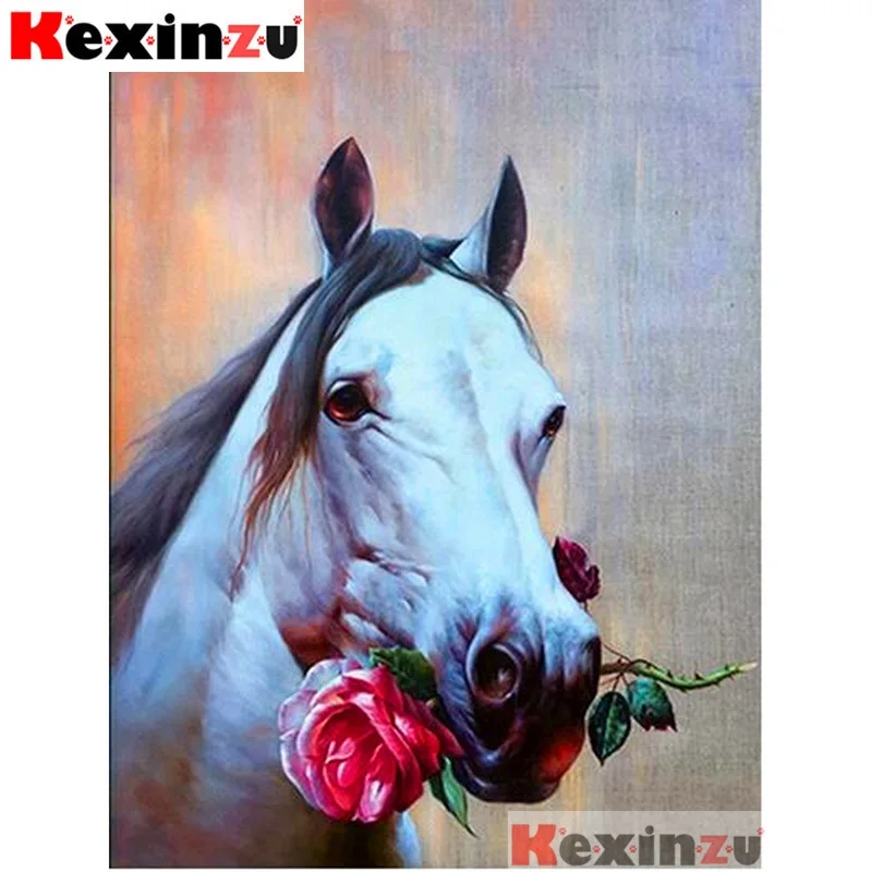 Full Square/Round 5d Diamond Painting White horse rose 3d Embroidery Cross Stitch Mosaic Full