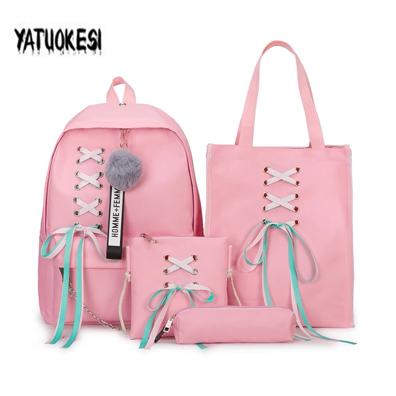 

4Pcs/Set Ribbon Chain Bowknot Letter Mochilas Canvas Backpack Travel Rucksacks Leisure Backpack For Teenage Girls School Bagpack