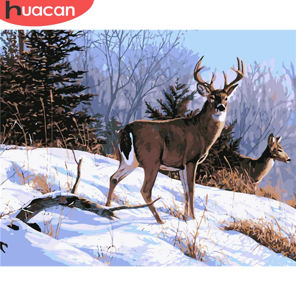 

HUACAN Coloring By Numbers Deer Animals Kits Drawing Canvas DIY Pictures Oil Painting Winter Hand Painted Gift Home Decor