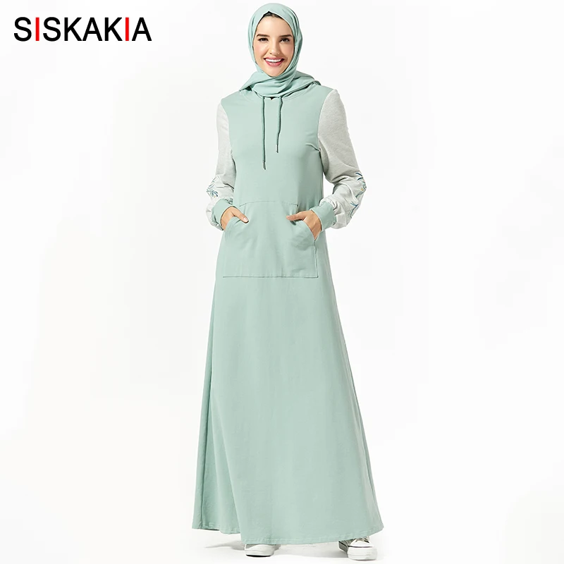 Siskakia/толстовка с капюшоном и длинным рукавом; модное платье с вышивкой; популярные цвета; Лоскутные Макси-платья; плотная зимняя спортивная одежда; - Цвет: light green dress