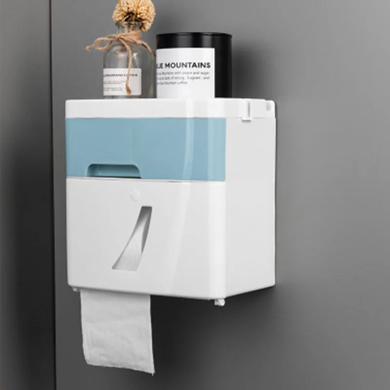 

GESEW Bathroom Waterproof Tissue Box Plastic Toilet Roll Paper Holder Wall Mounted Paper Drawer Storage Box Double Layer Dispens