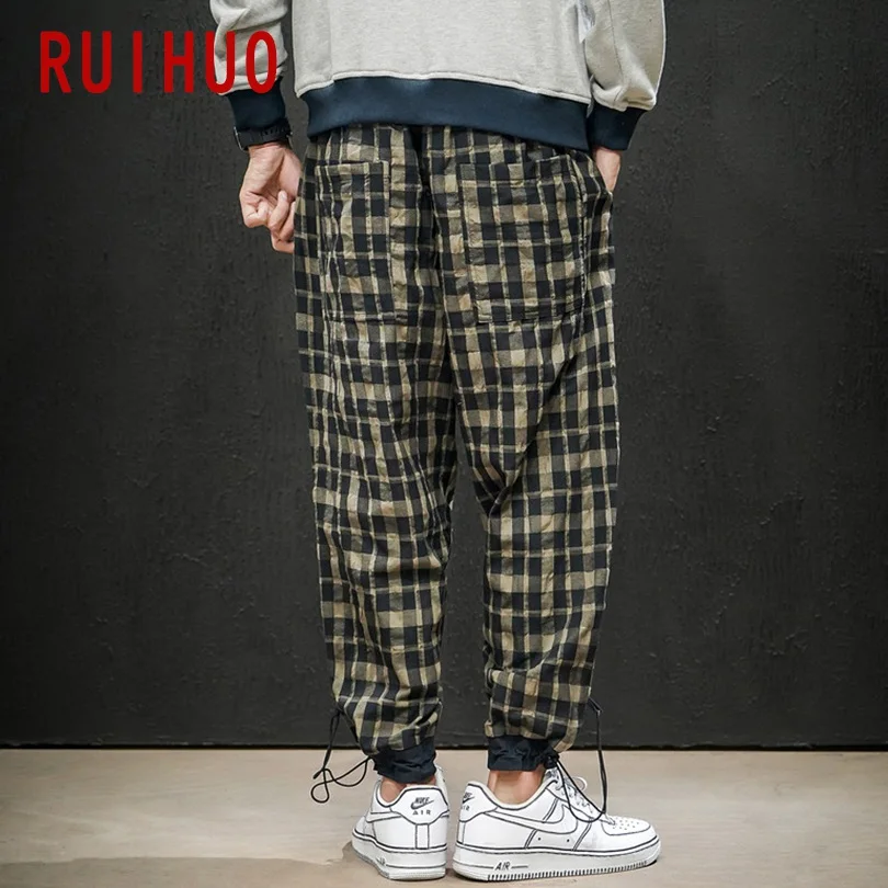 RUIHUO, клетчатые повседневные штаны, мужские уличные винтажные штаны, мужские Модные брюки, мужские штаны в стиле хип-хоп, спортивные штаны, 5XL, Новинка осени