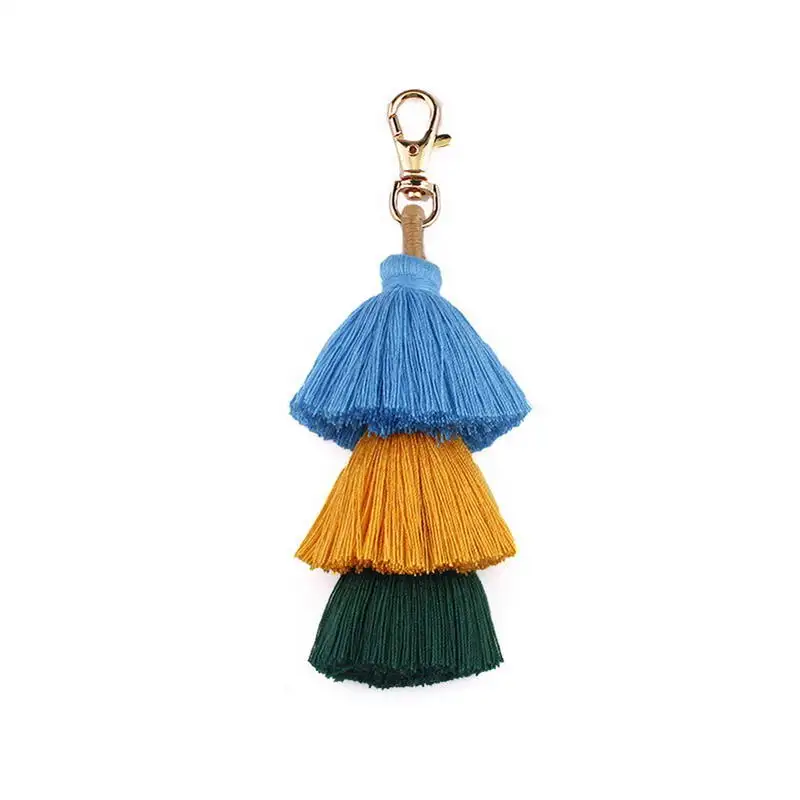 

BOHO Multicolor 3 Layered Tassel Keychain Rainbow Thread Fringe Pendant Keychain For Women Handbags Statement Handmade Keychian